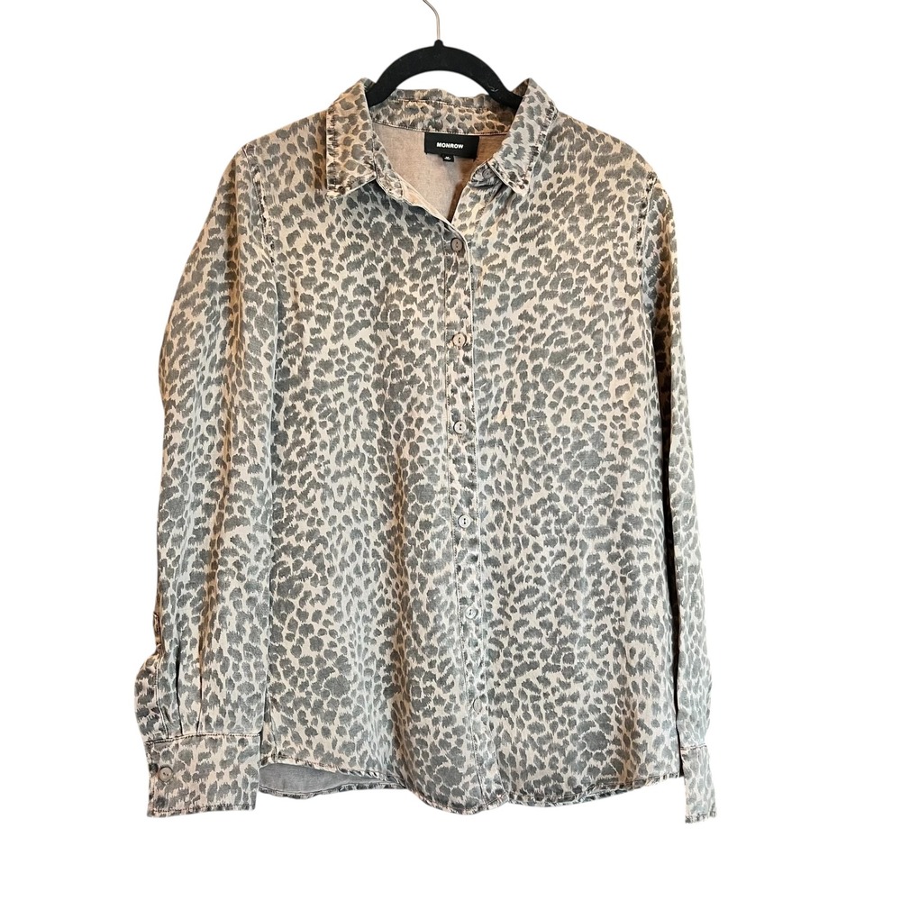 Monrow Beige and Gray Leopard Print Button-Down Shirt